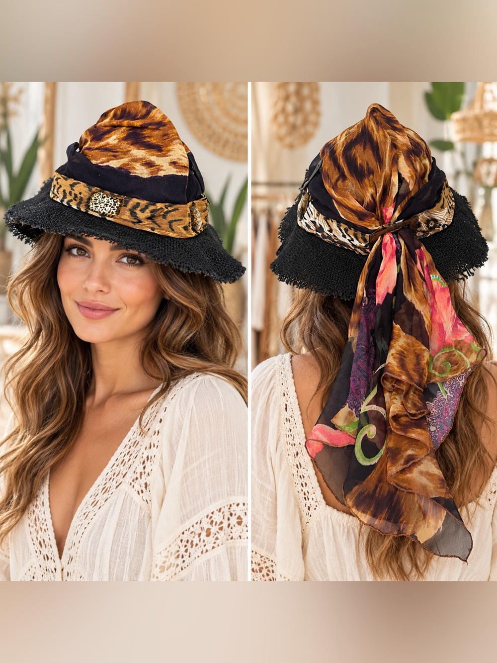 Dream Control Boho Frayed Edge Black Animal-Print Scarf Bucket Hat One Size